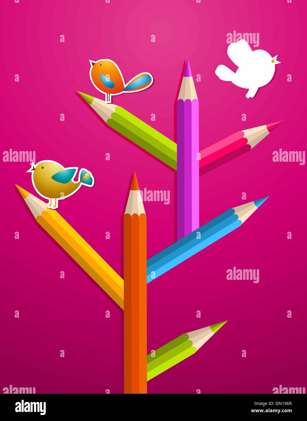 Art pencils and birds Christmas tree Stock Vector