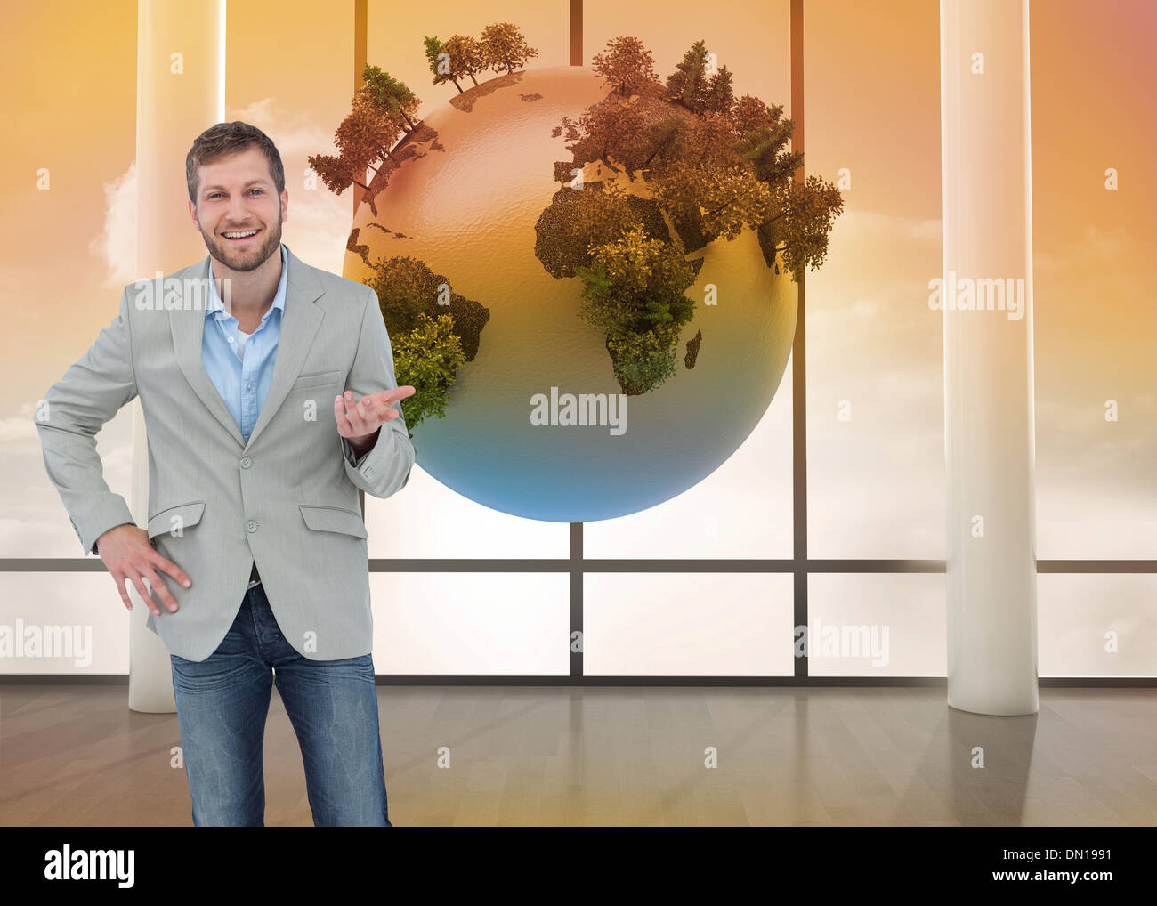 Composite image of stylish man smiling and gesturing Stock Photo