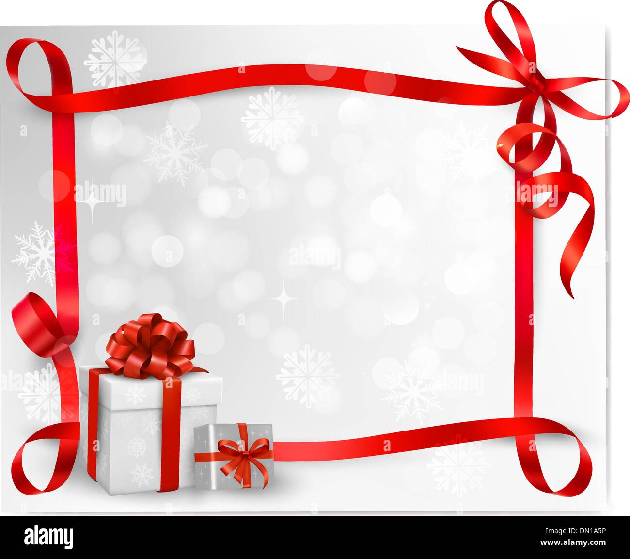 Holiday background with red gift bow with gift boxes. Vector ...