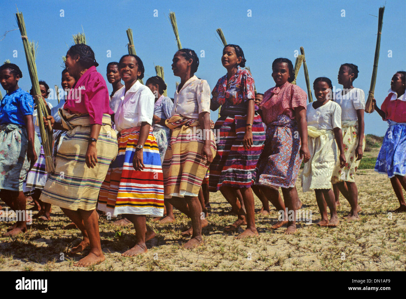 Tribal Dancers of Antaimoro Tribe doing Reed Dance during Sambatra Circumcision Festival Mananjary Madagascar Stock Photo