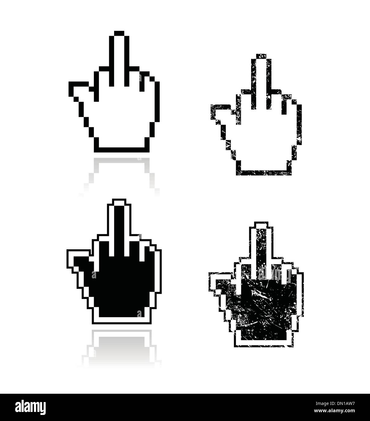 Pixelated cursor hand with middle finger up icons set Stock Vector