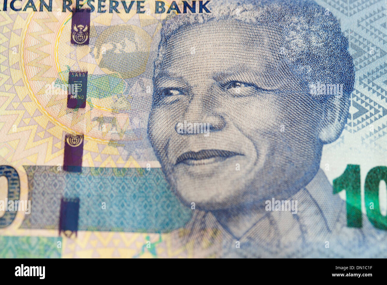 close up of Nelson Mandela on a South African R100 bank note Stock Photo