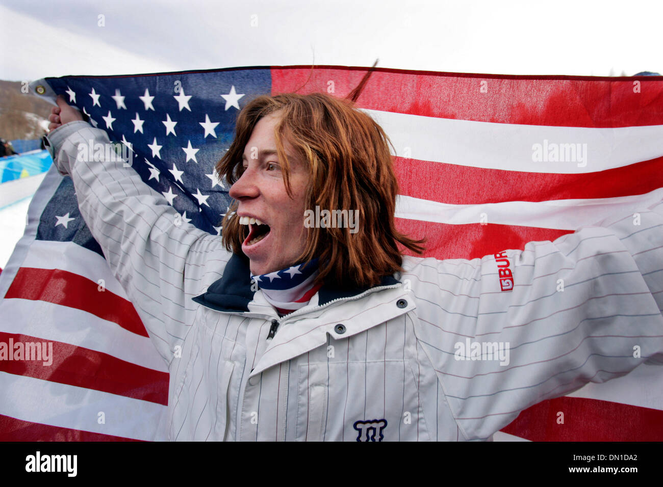 Feb 12, 2006; Bardonecchia, ITALY; XX Winter Olympics: SHAUN WHITE of the  US celebrates after winning a gold medal in the men's half pipe  snowboarding competition at the Torino 2006 Winter Olympic