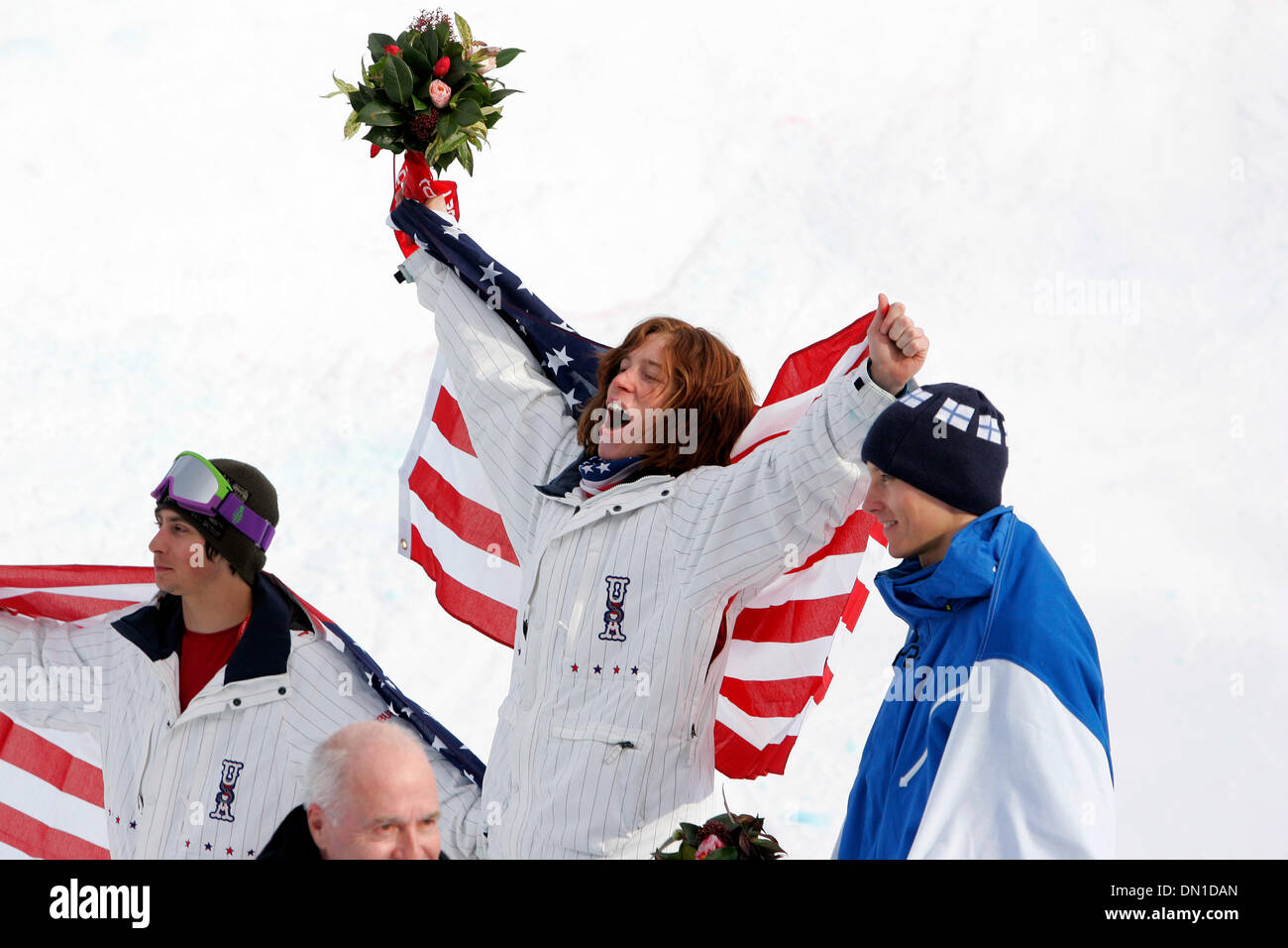 Feb 12, 2006; Bardonecchia, ITALY; XX Winter Olympics: SHAUN WHITE of the  US celebrates after winning a gold medal in the men's half pipe  snowboarding competition at the Torino 2006 Winter Olympic