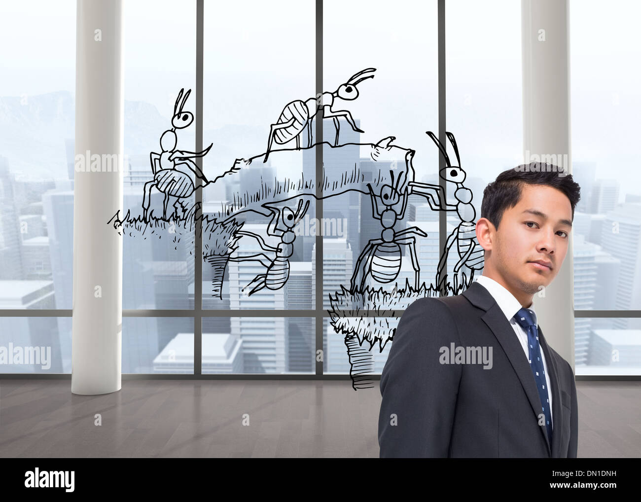 Composite image of working ants in room with big windows Stock Photo