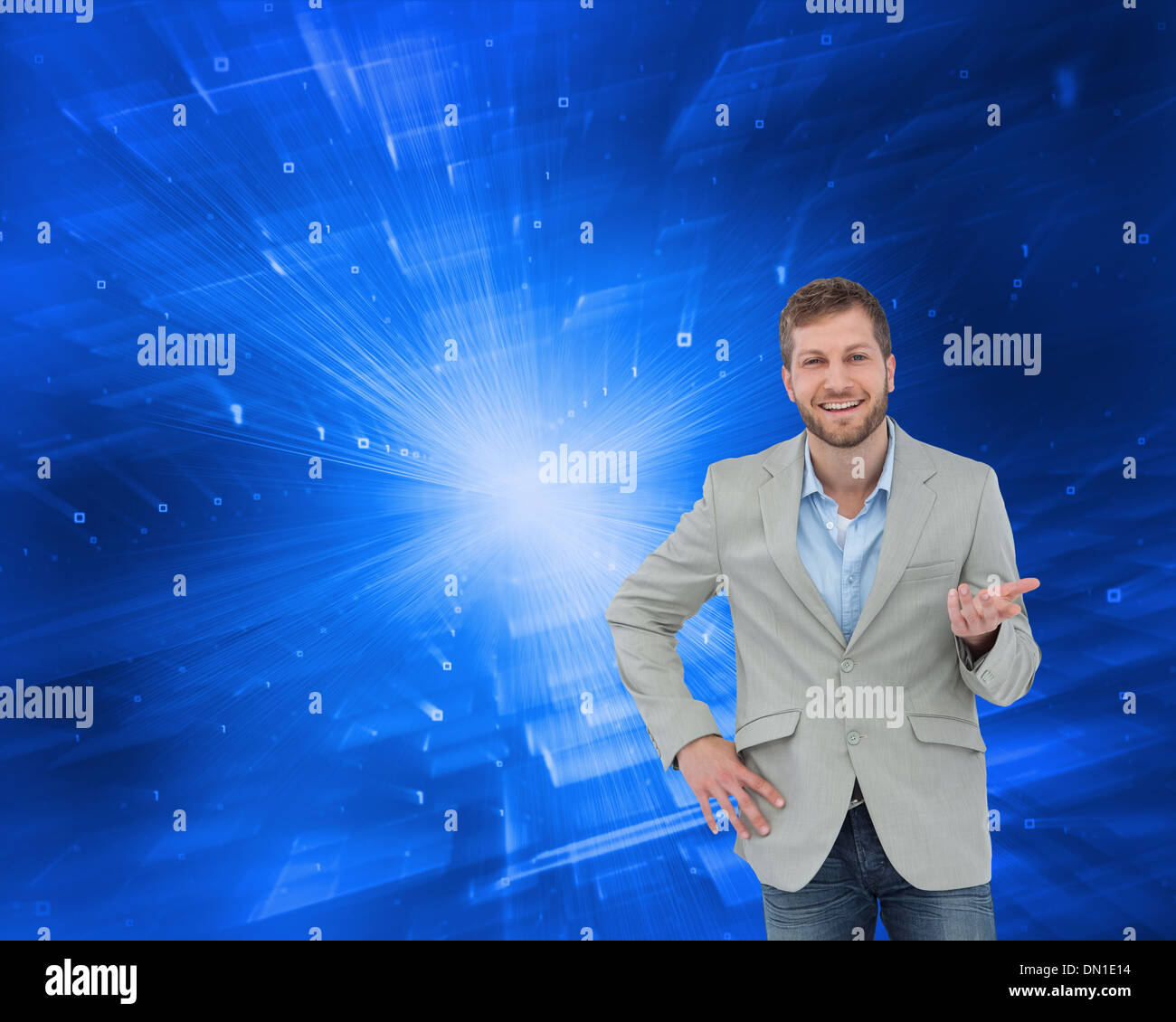 Composite image of stylish man smiling and gesturing Stock Photo