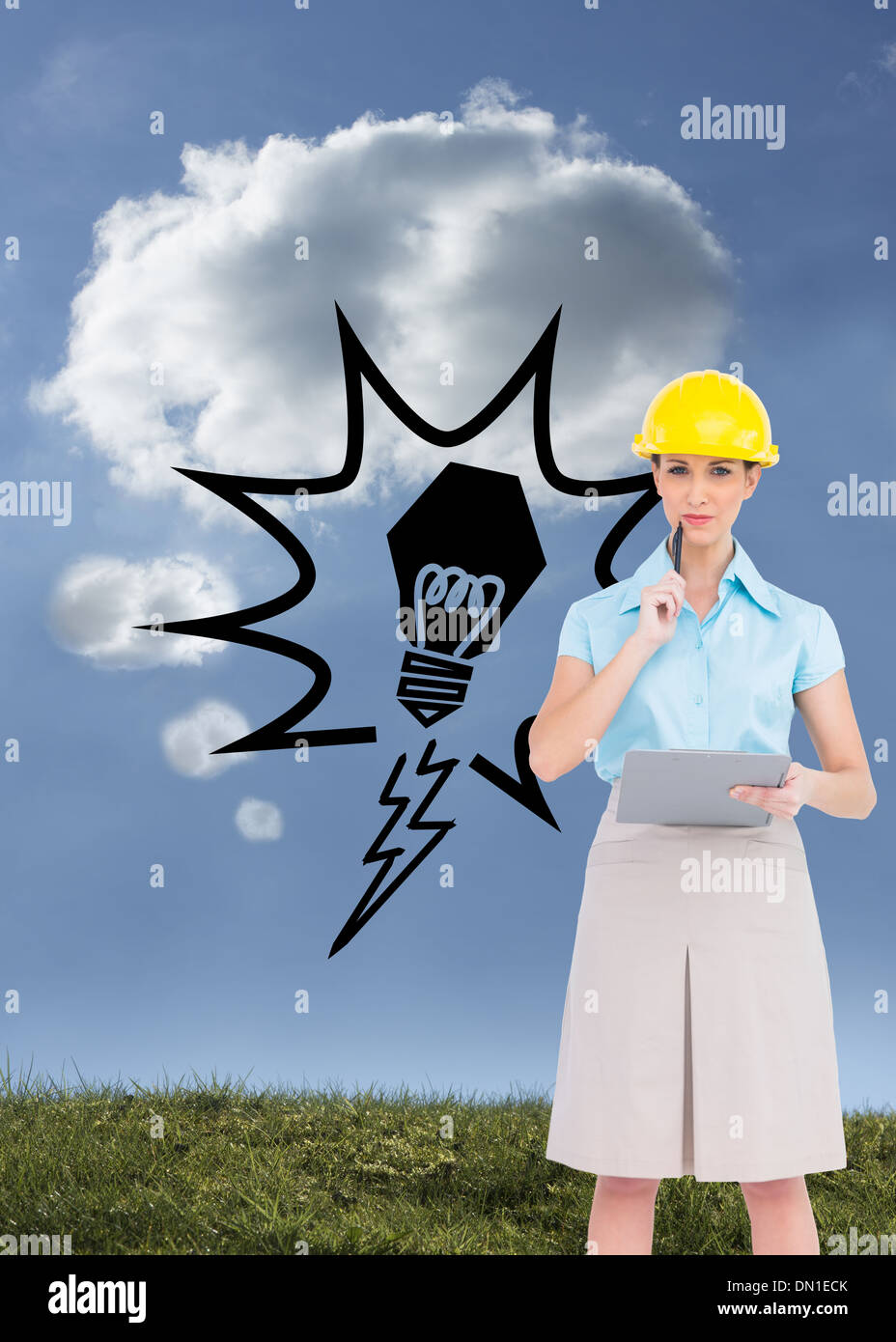 Composite image of thoughtful attractive architect holding clipboard Stock Photo
