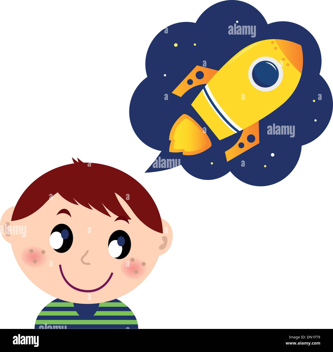 Little boy dreaming about rocket toy Stock Vector