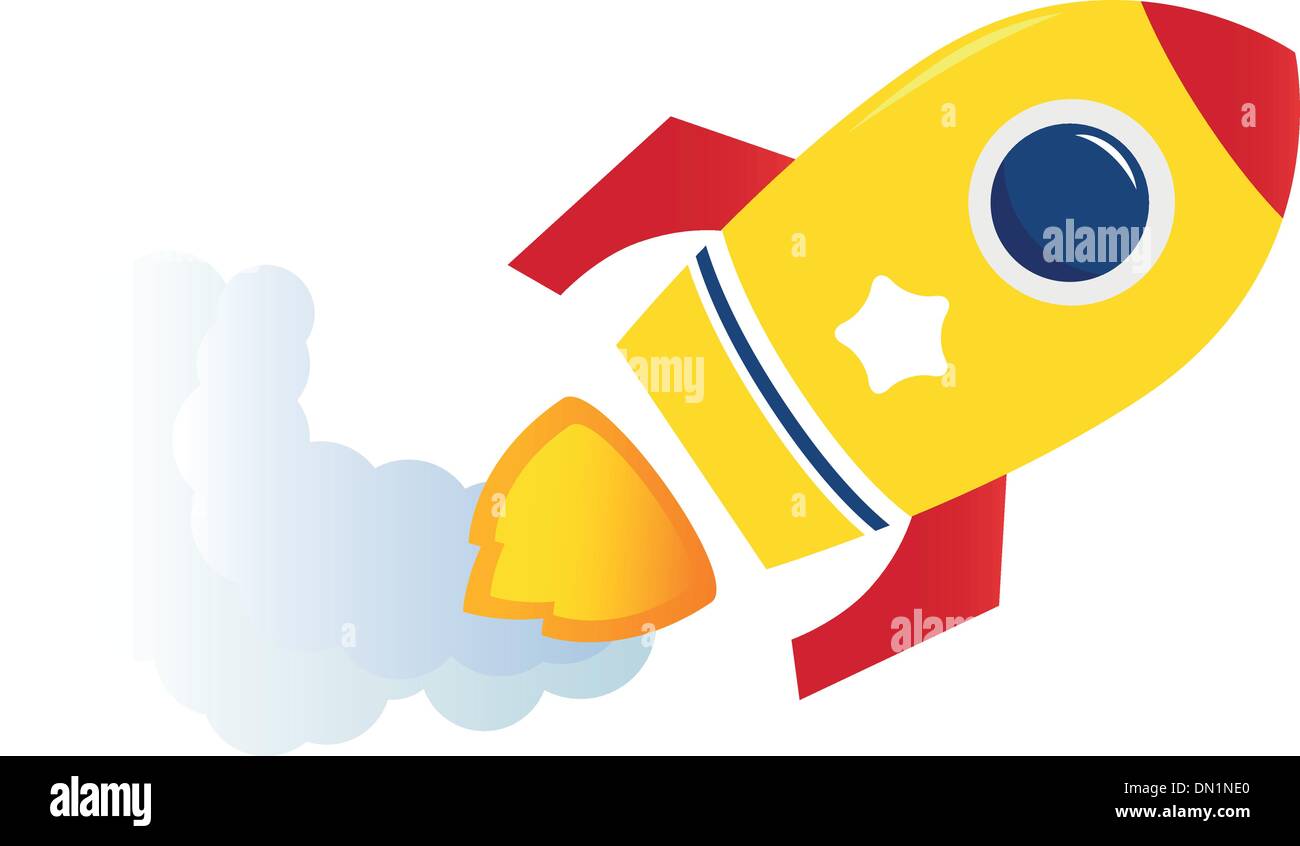 Flying cartoon yellow rocket isolated on white Stock Vector