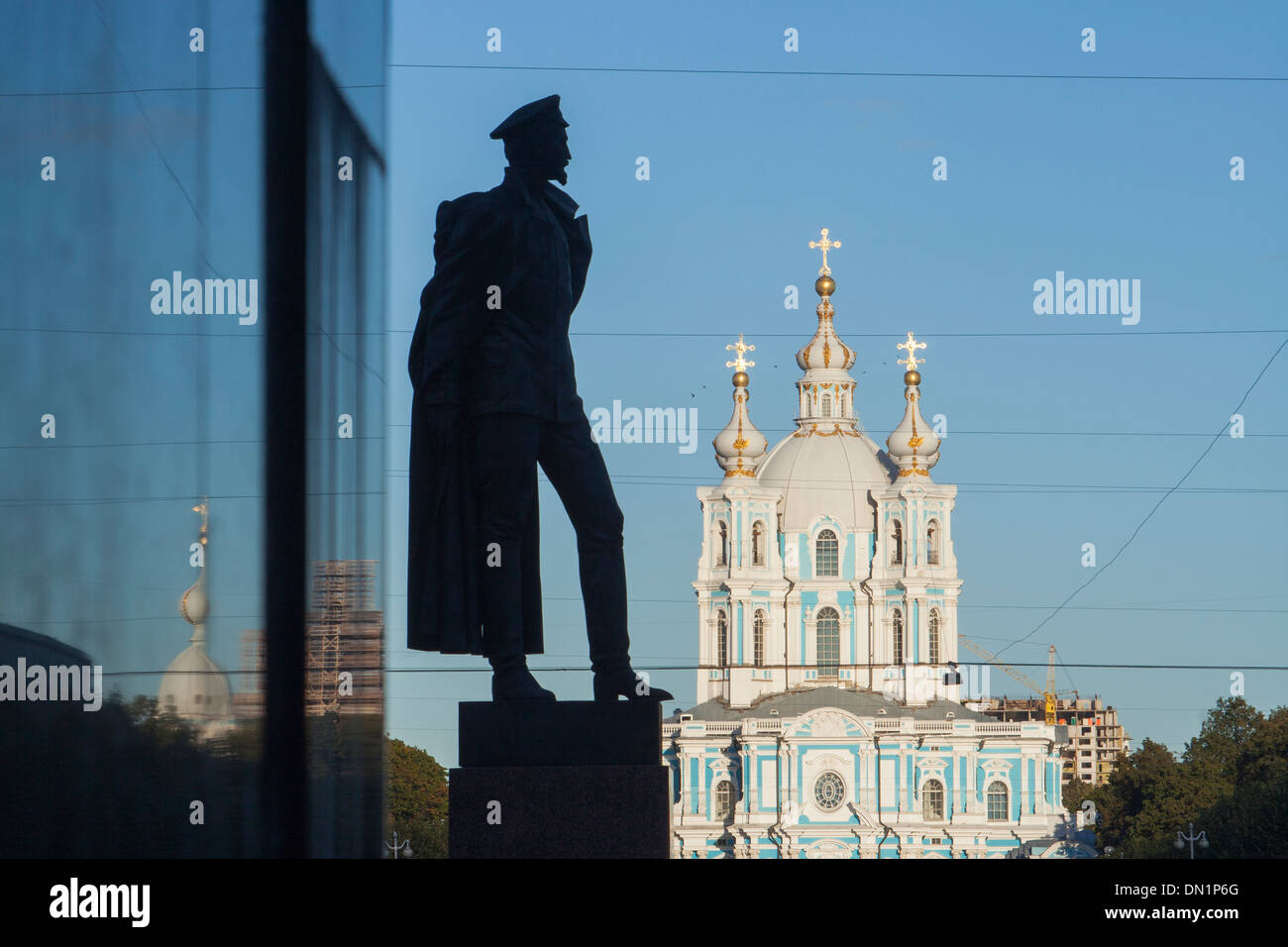 Russia, St Petersburg, statue of Felix Dzerzhinsky and Smolny Cathedral ...