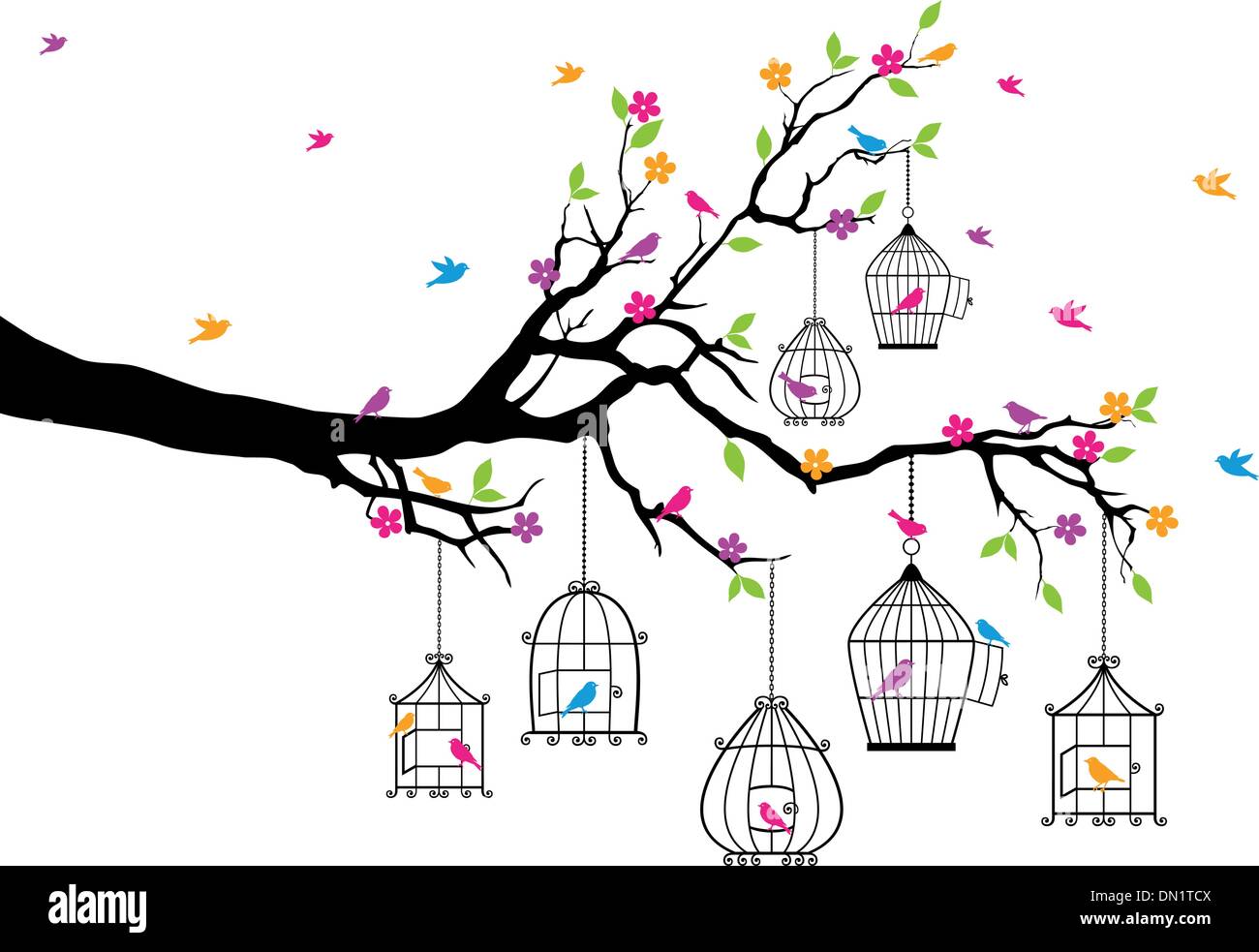 tree with birds and birdcages, vector Stock Vector