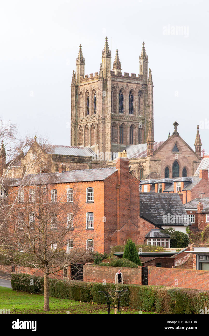 Hereford Cathedral tower above the city skyline, Herefordshire, England