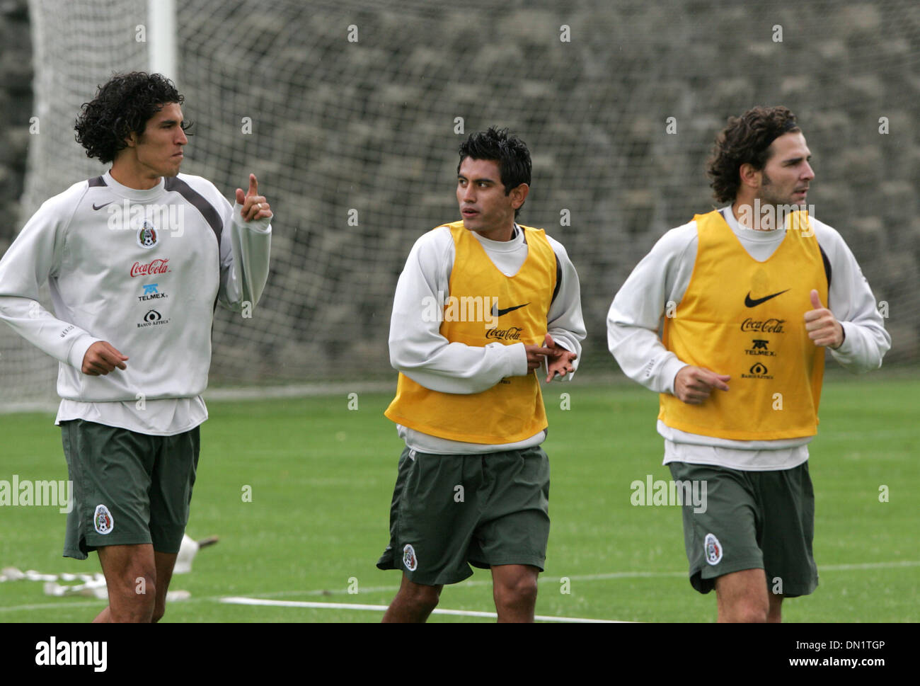 Mar 27, 2006; Mexico City, MEXICO; SOCCER: Mexico soccer team players Francisco Javier Rodriguez (L), Mario Mendez  and Duilio Davino train during a training session at the Centro Pegaso training center. Mandatory Credit: Photo by Javier Rodriguez/ZUMA Press. (©) Copyright 2006 by Javier Rodriguez Stock Photo