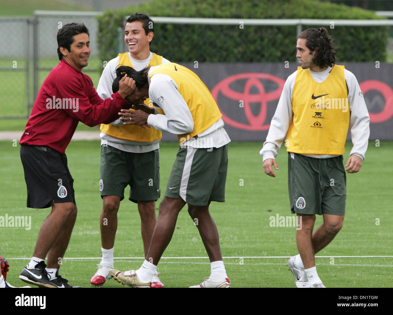 Mar 27, 2006; Mexico City, MEXICO; SOCCER: Mexico soccer team players Jorge Campos (L)  pulls Joel Huiqui's hair as Jose Antonio Castro (R) and Mario Mendez look on during a training session at the Centro Pegaso training center. Mandatory Credit: Photo by Javier Rodriguez/ZUMA Press. (©) Copyright 2006 by Javier Rodriguez Stock Photo