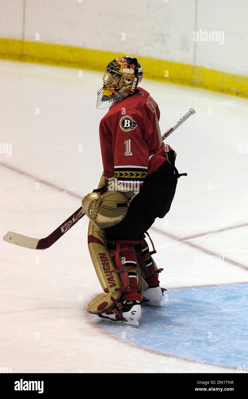 October 13, 2006: AHL - Binghamton goalie Kelly Guard (1) in action against Rochester - Binghamton Senators at Rochester Americans at The Blue Cross Arena in Rochester, New York. Rochester defeated Binghamton in a shootout.(Credit Image: © Alan Schwartz/Cal Sport Media) Stock Photo