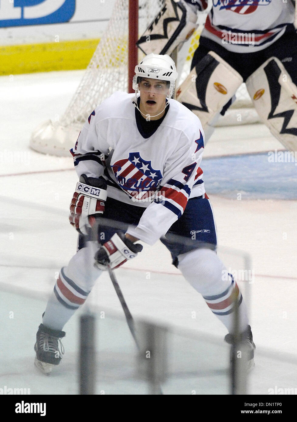 October 13, 2006: AHL - Rochester defender Michael Funk (4) in action against Binghamton - Binghamton Senators at Rochester Americans at The Blue Cross Arena in Rochester, New York. Rochester defeated Binghamton in a shootout.(Credit Image: © Alan Schwartz/Cal Sport Media) Stock Photo