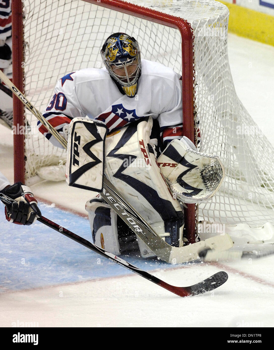 October 13, 2006: AHL - Rochester goalie Craig Anderson (30) makes a save while playing Binghamton - Binghamton Senators at Rochester Americans at The Blue Cross Arena in Rochester, New York. Rochester defeated Binghamton in a shootout.(Credit Image: © Alan Schwartz/Cal Sport Media) Stock Photo
