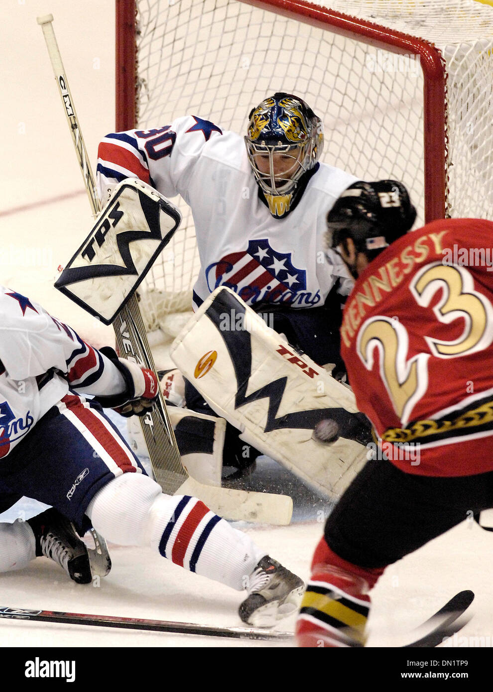October 13, 2006: AHL - Rochester goalie Craig Anderson (30) makes the save against Binghamton - Binghamton Senators at Rochester Americans at The Blue Cross Arena in Rochester, New York. Rochester defeated Binghamton in a shootout.(Credit Image: © Alan Schwartz/Cal Sport Media) Stock Photo