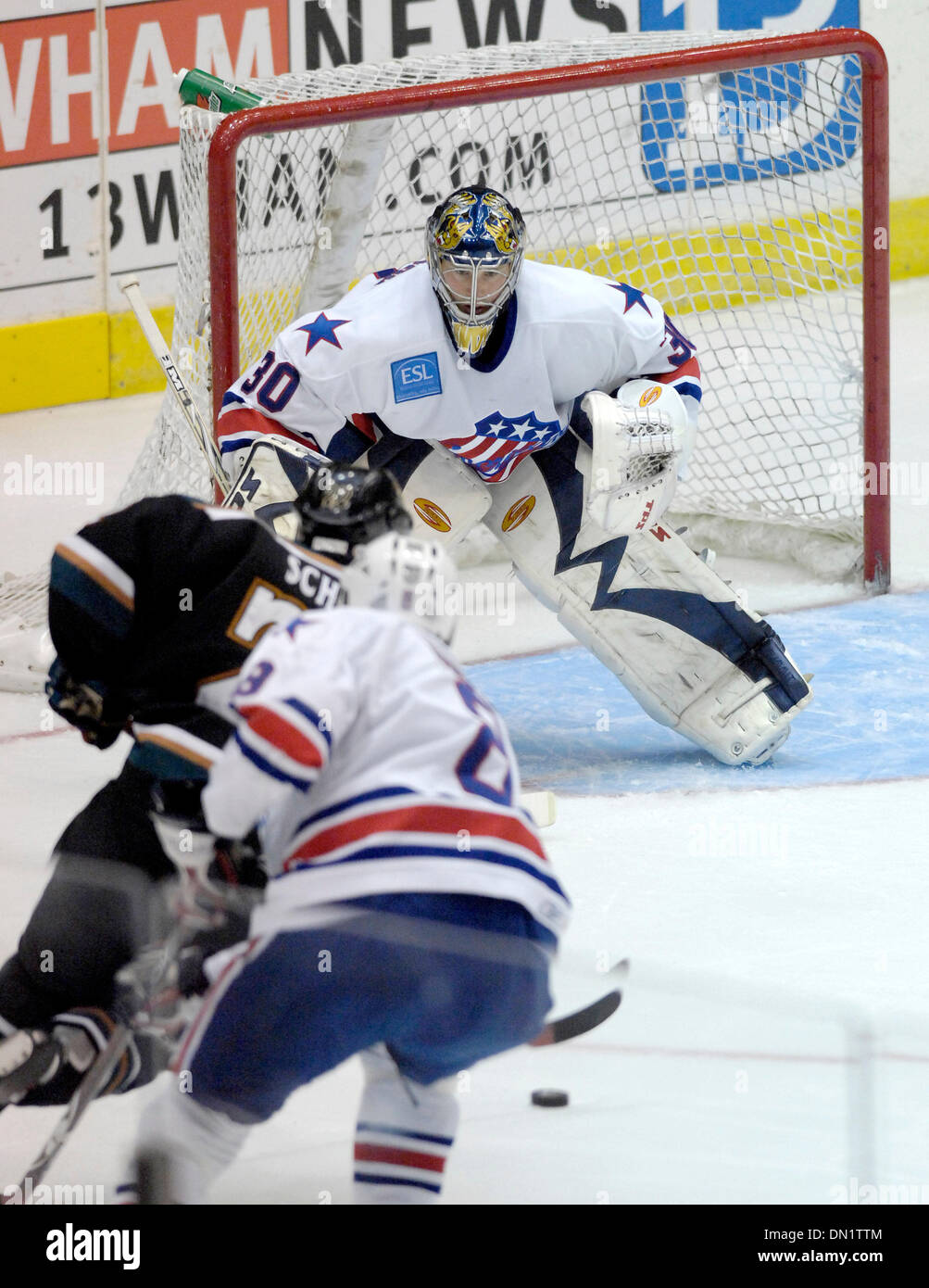 November 17, 2006: AHL - Rochester's Craig Anderson gets set as Manitoba goes on the offense. The Manitoba Canucks at Rochester Americans at the Blue Cross Arena at the War Memorial Auditorium. Rochester defeated Manitoba 4 to 3 in OT.(Credit Image: © Alan Schwartz/Cal Sport Media) Stock Photo