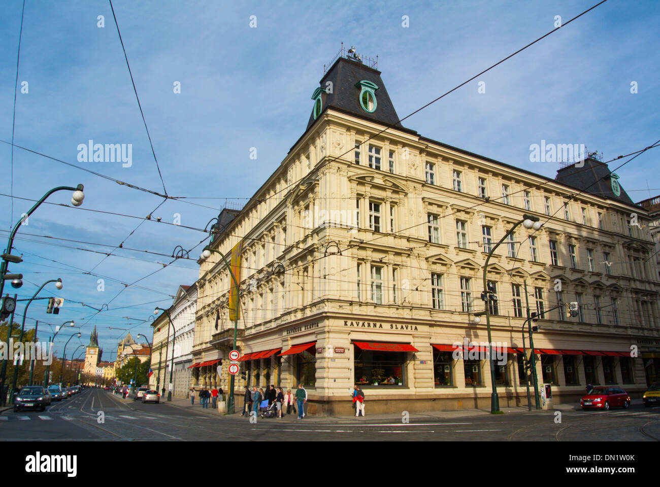 Cafe Slavia and Smetanovo nabrezi riverside street old town Prague Czech Republic Europe Stock Photo