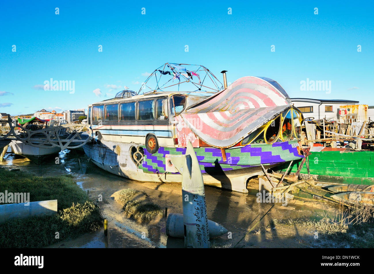 Houseboat on the banks of the river Adur, Shoreham-by-Sea, West Sussex, England, UK Stock Photo