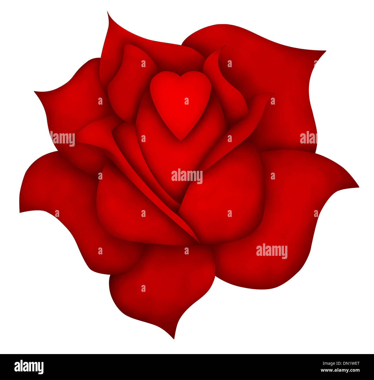 Illustration of a rose blossom with heart in the middle of the bloom Stock Photo