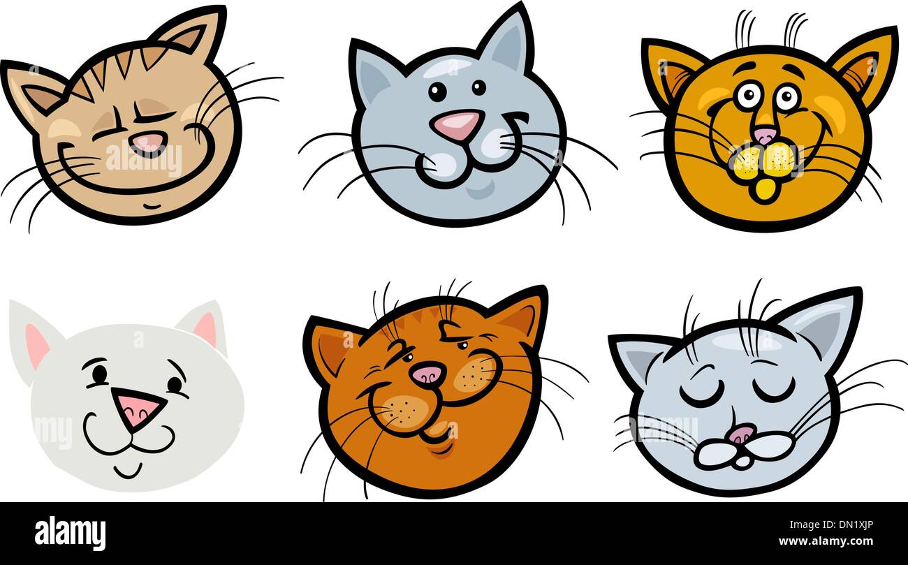 Cartoon Illustration of funny Cats ot Kittens Heads Collection Set