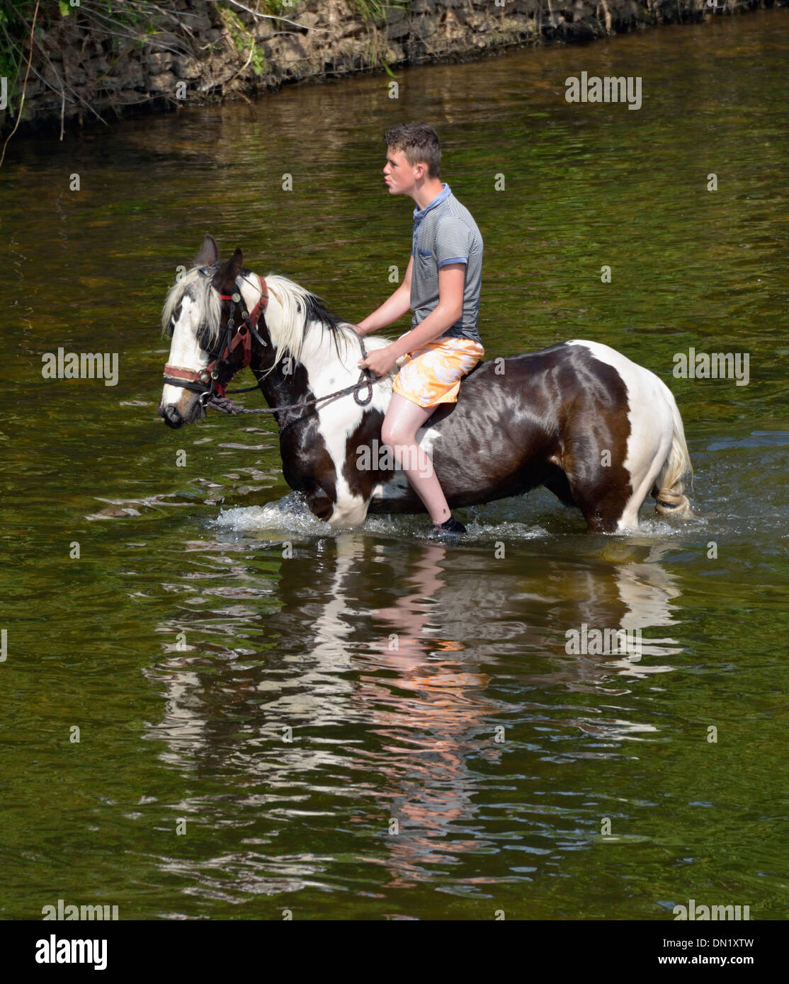 Gypsy traveller riding horse in River Eden. Appleby Horse Fair, Appleby-in-Westmorland, Cumbria, England, United Kingdom, Europe Stock Photo