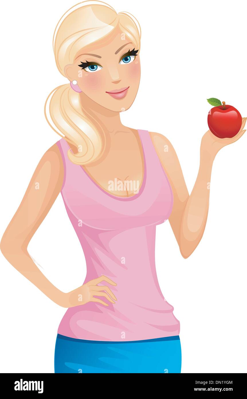 Beautiful blond woman with red apple Stock Vector