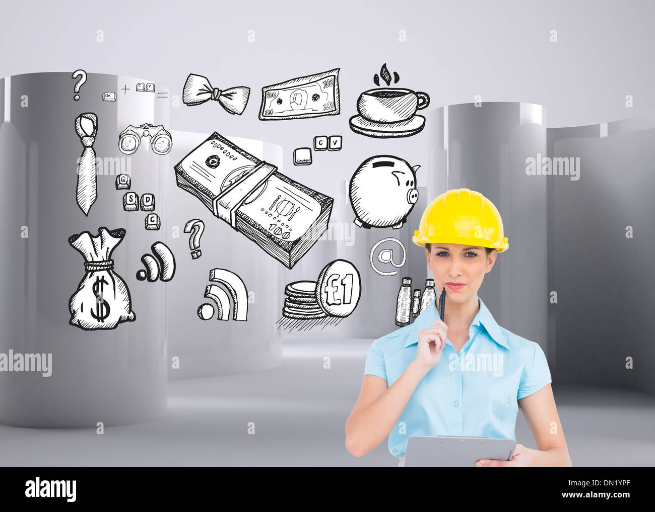 Composite image of thoughtful attractive architect holding clipboard Stock Photo