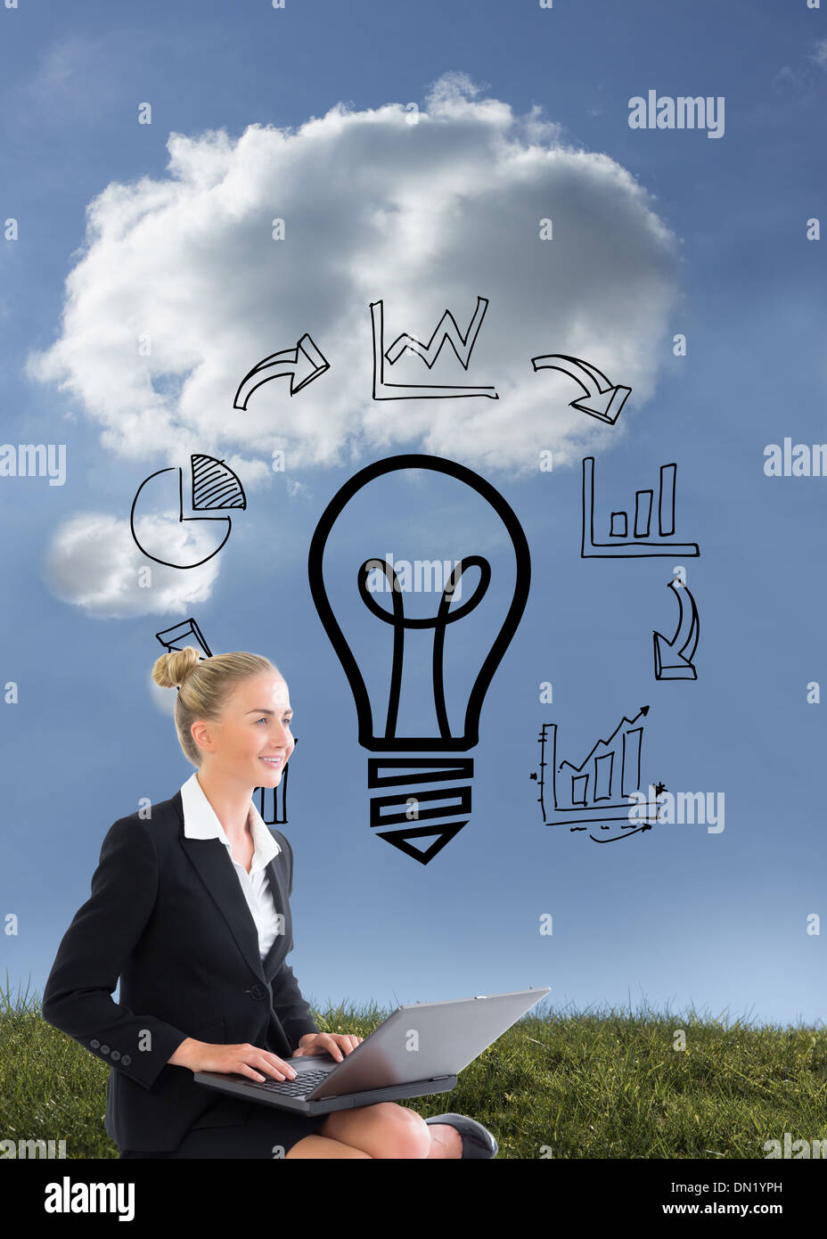 Composite image of businesswoman using laptop Stock Photo
