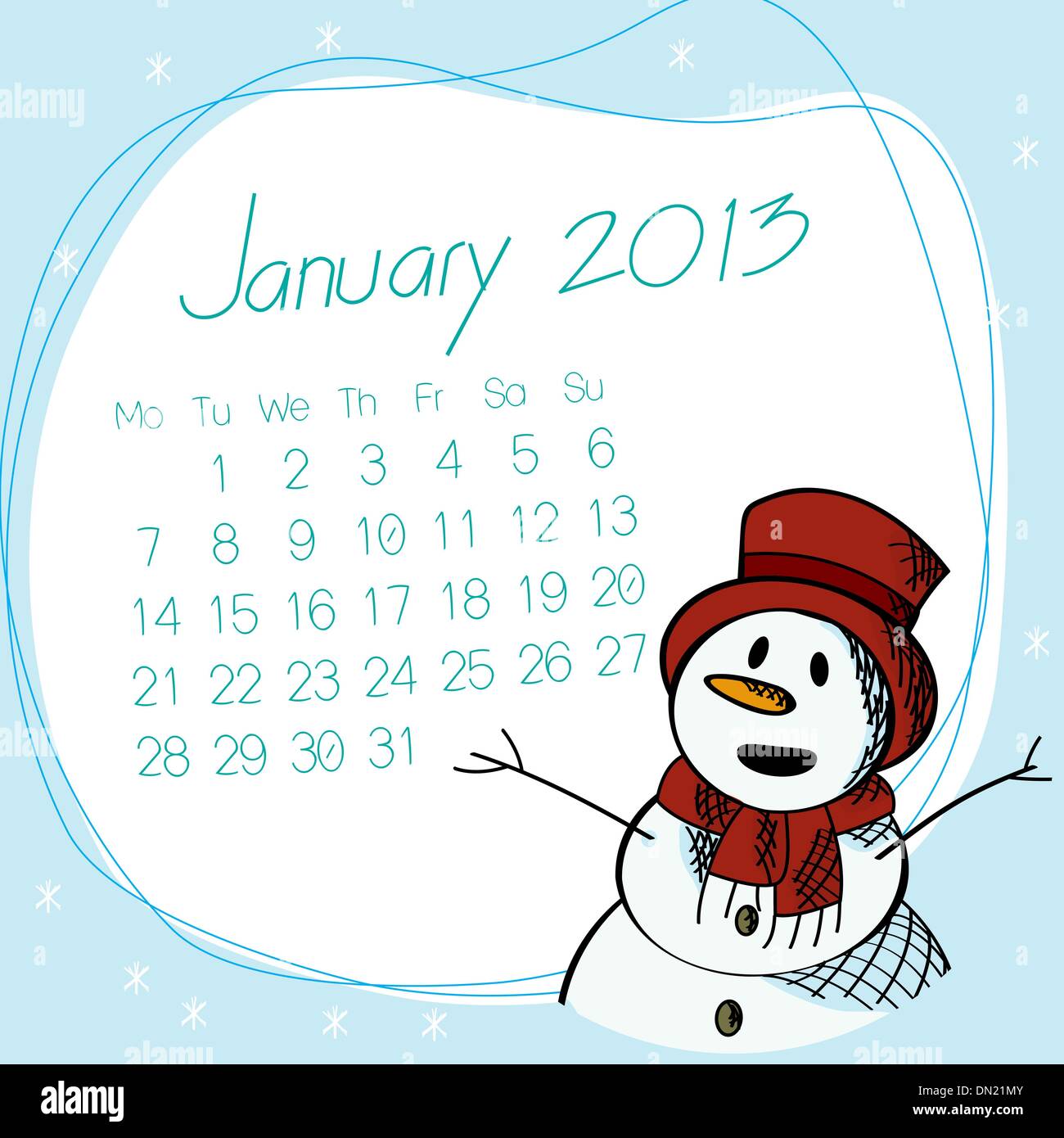 January 2013 snow man calendar Stock Vector