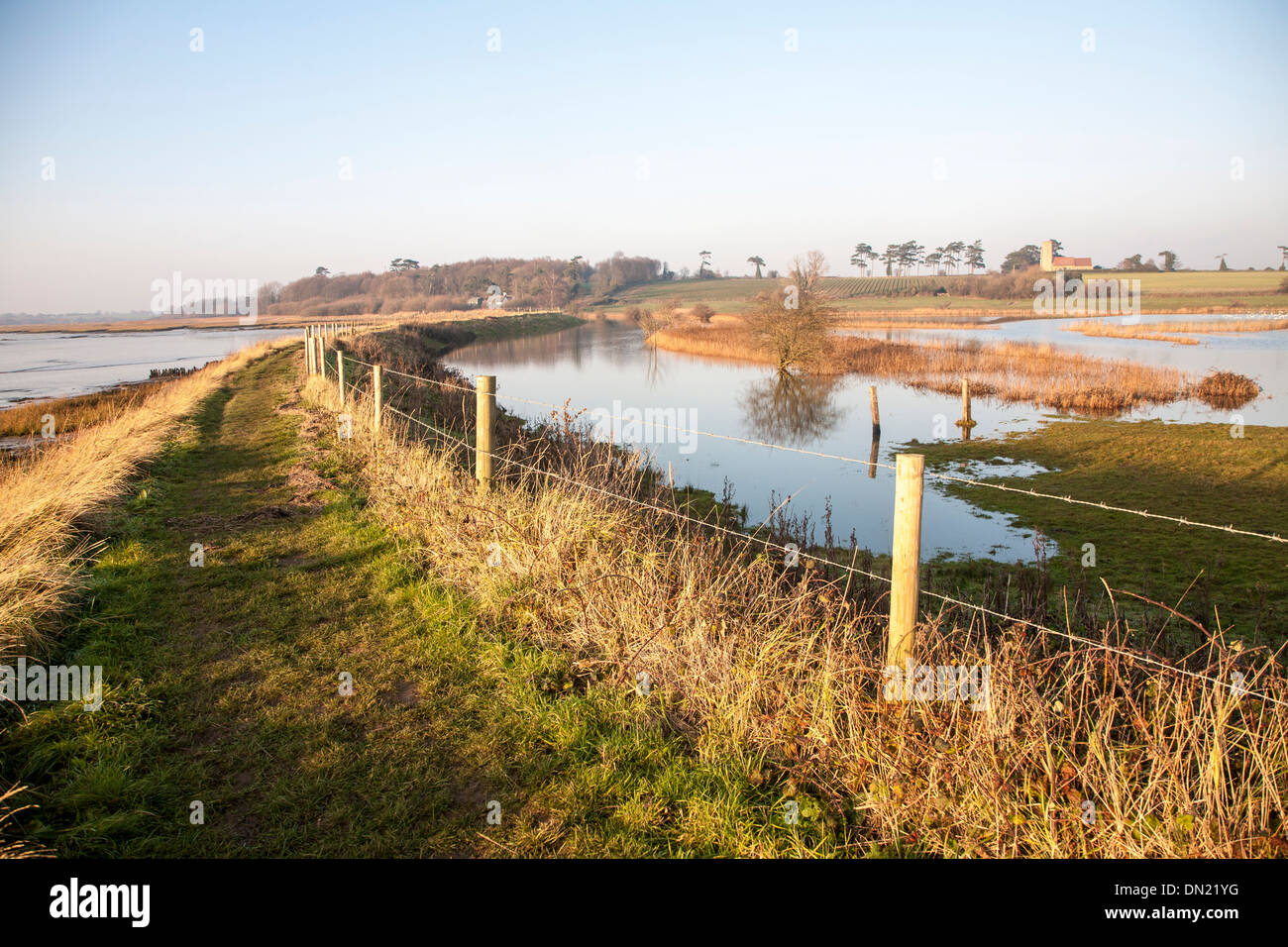 River Deben Flood Defence Wall Over Topped By Storm Surge Water