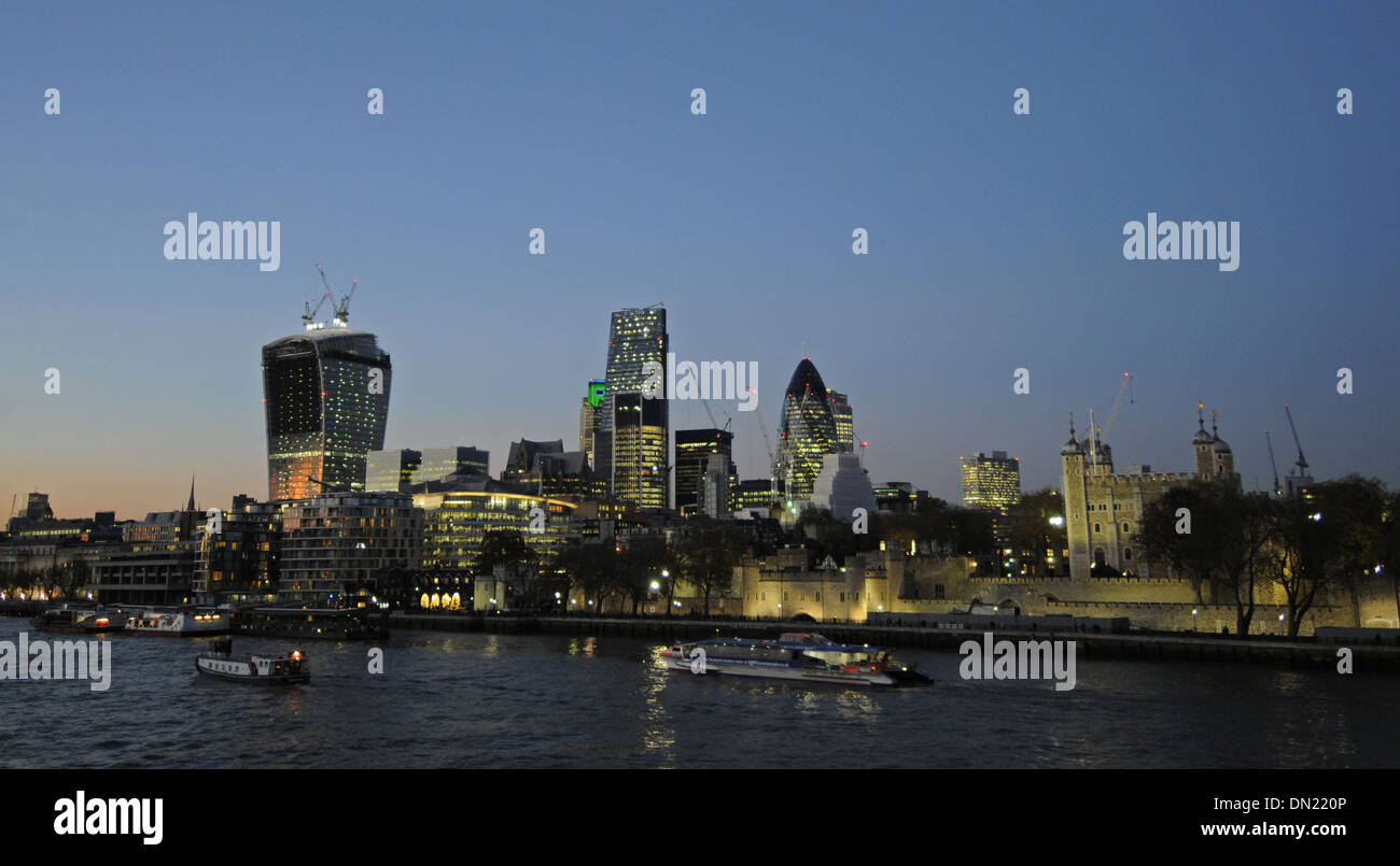 Tower of London River Thames and City of London Skyline at Dusk London England Stock Photo
