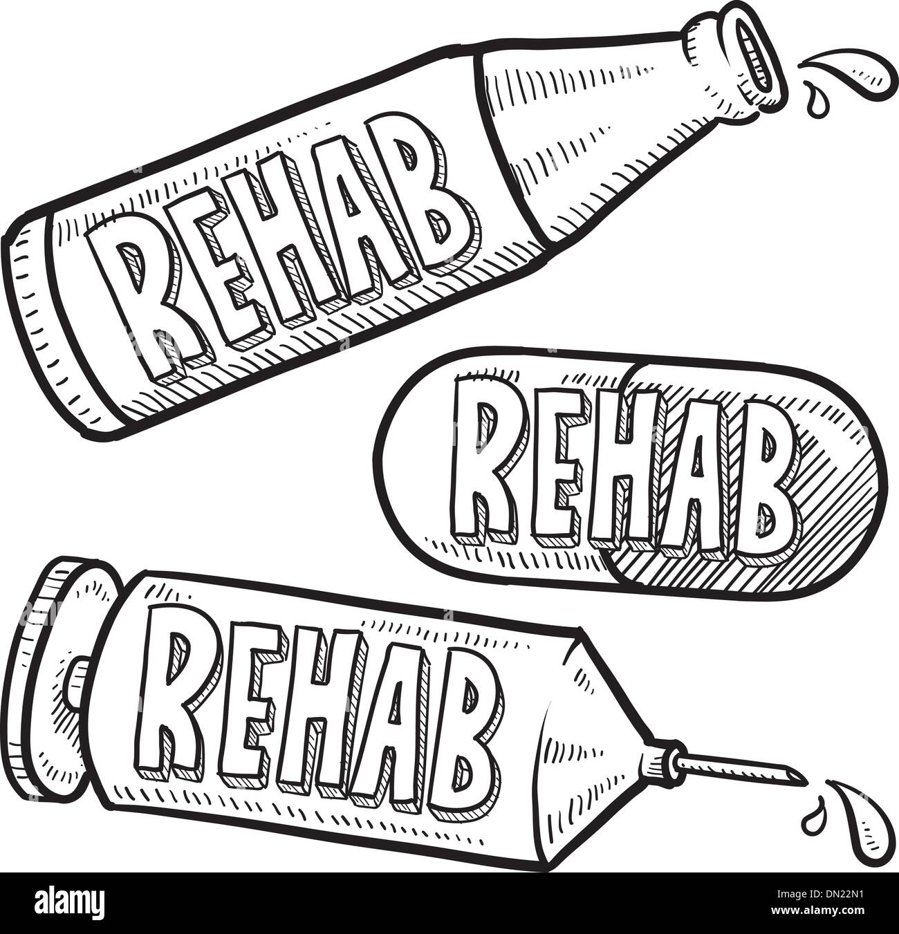Rehab drugs and alcohol sketch Stock Vector