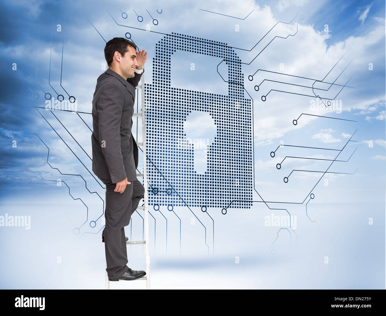 Composite image of happy businessman standing on ladder peering Stock ...