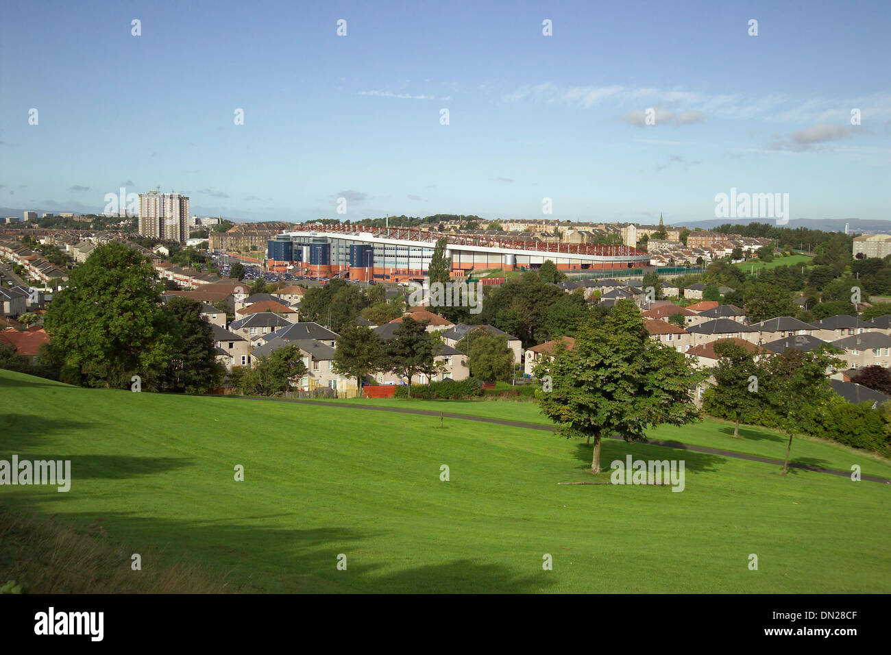 view from queens park glasgow south side with city vista and hampden park football ground Stock Photo