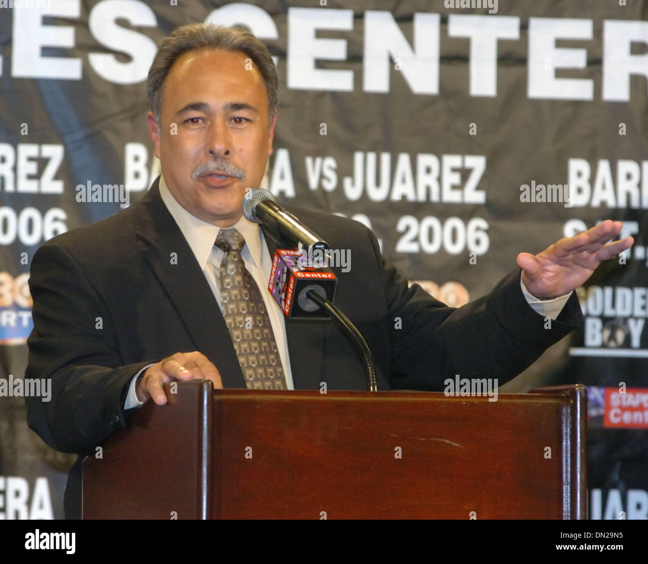 May 20, 2006; Los Angeles, CA, USA; California Boxing comissioner ARMANDO GARCIA explains how Marco Antonio Barrera narrowly defeats Rocky Juarez by split decision to retain his WBC super Featherweight title. In an unusual turn of events, the bout was initially declared a draw to the crowd in attendance and to The HBO Telecast audience. Upon closer inspection, however, it was deter Stock Photo