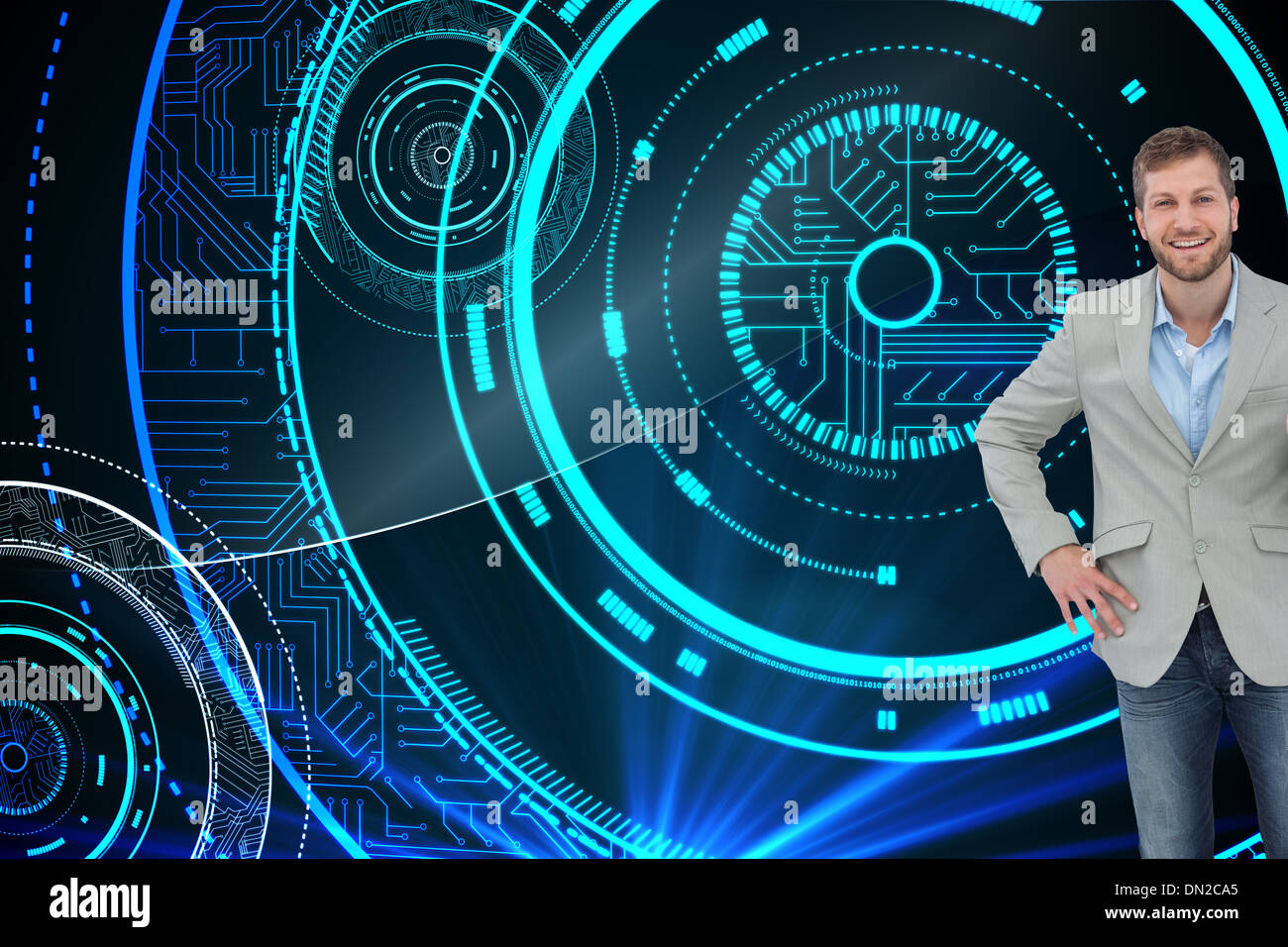 Composite image of stylish man smiling and gesturing Stock Photo
