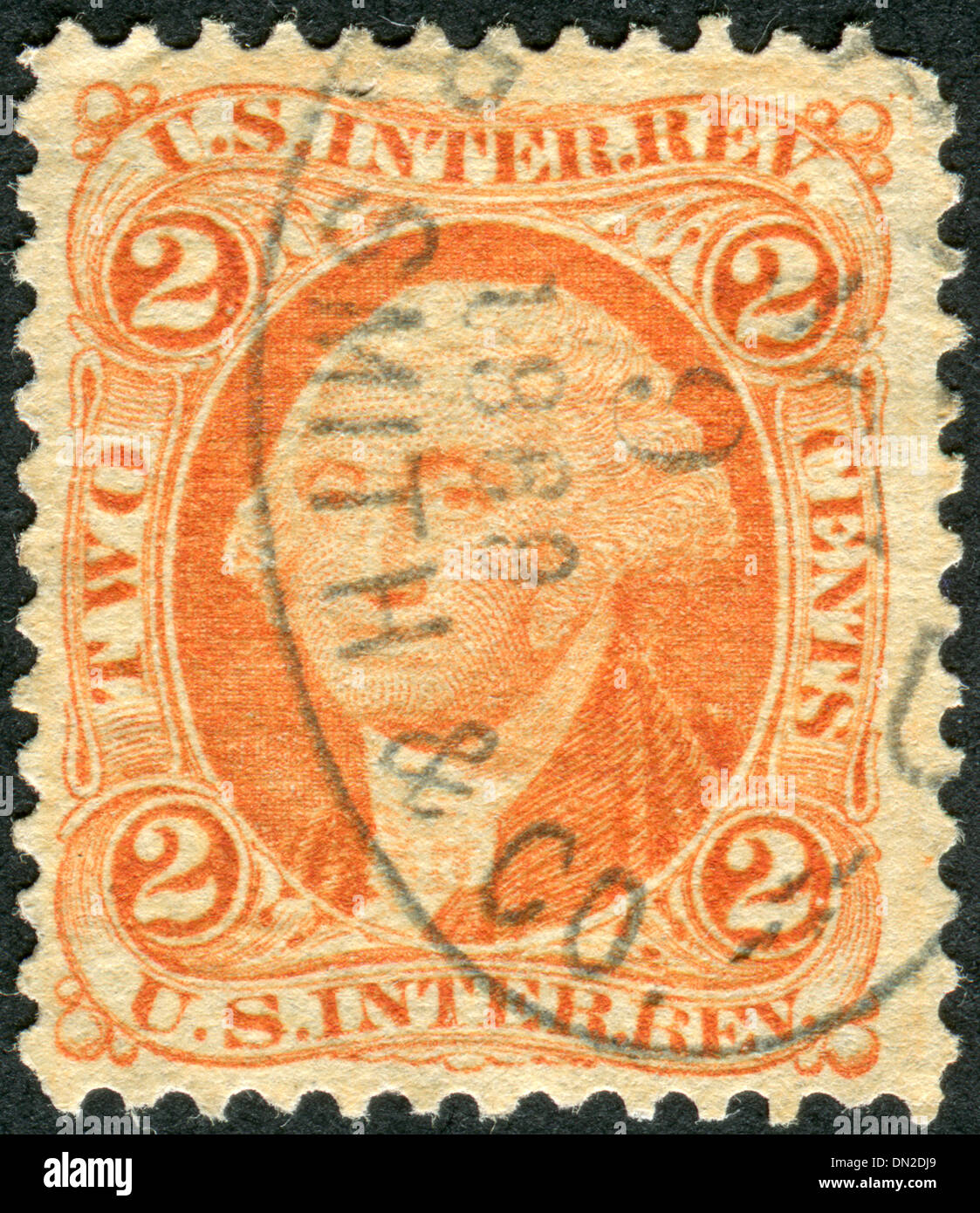 USA - CIRCA 1864: Revenue stamp printed in the USA, First Issue, shows Head of George Washington in Oval, circa 1864 Stock Photo