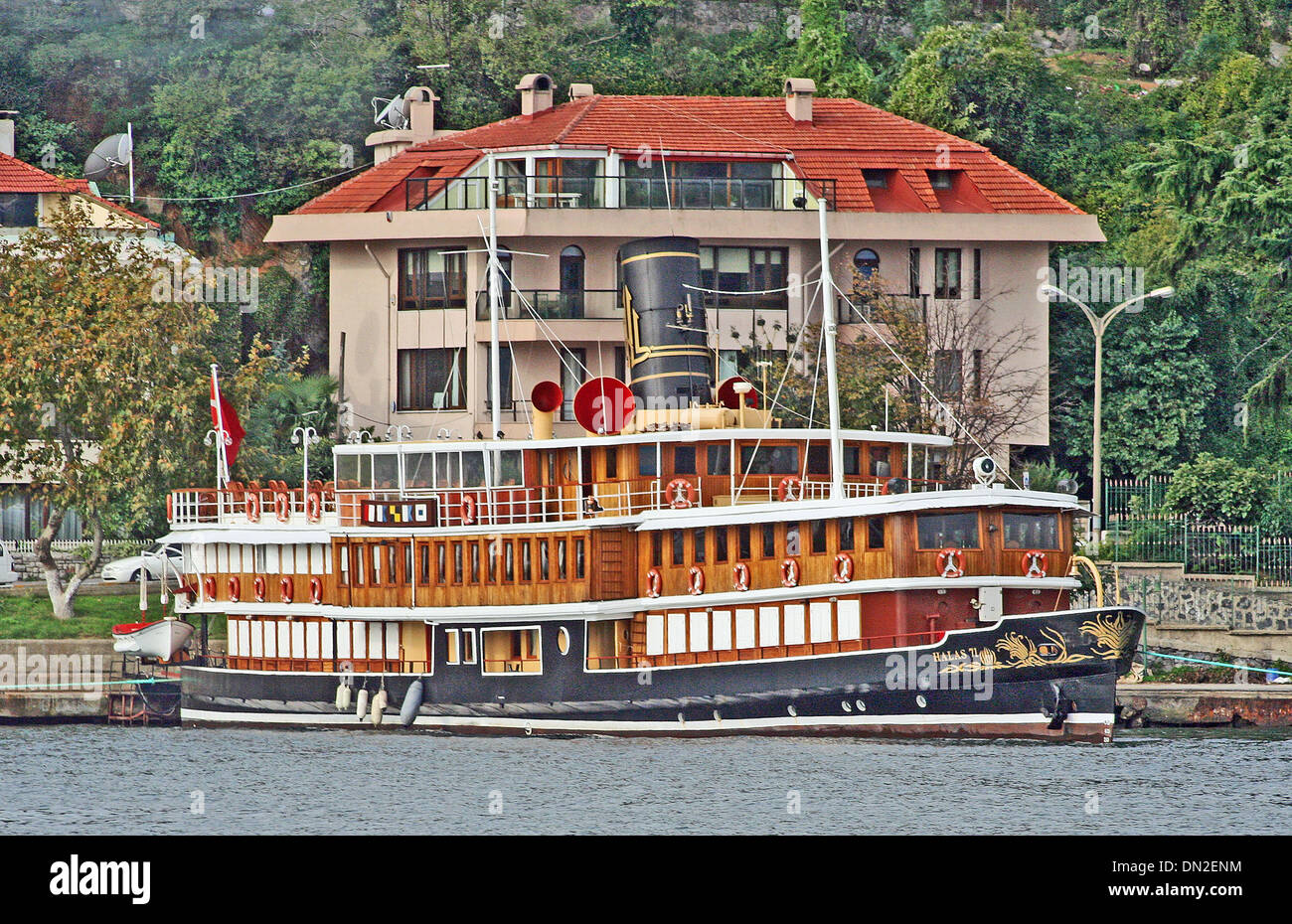 Exclusive charter motor yacht Halas 71 at her Bosphorus moorings, Istanbul. She was a British troop ferry at Gallipoli in WWI Stock Photo