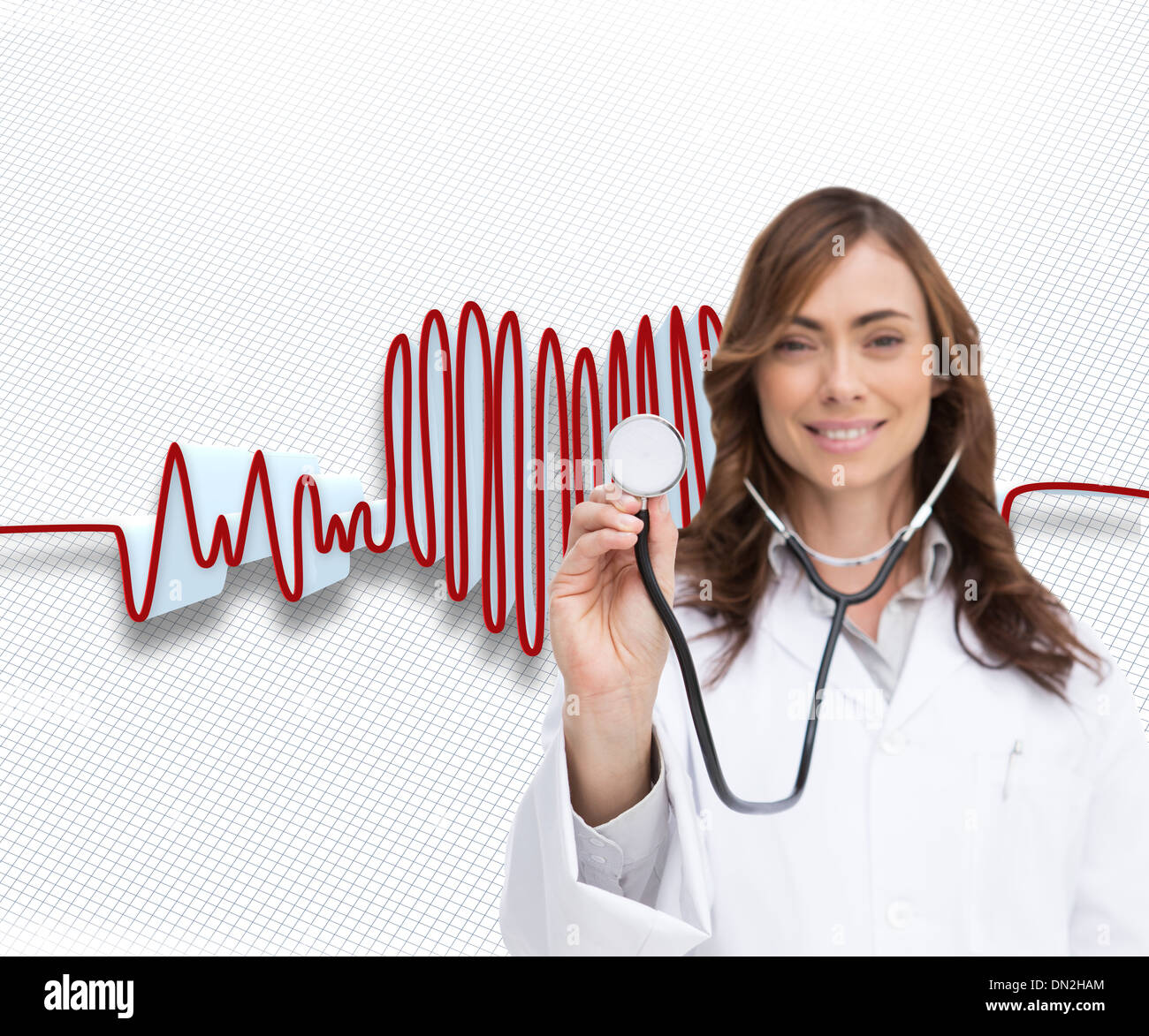Composite image of happy doctor using stethoscope Stock Photo