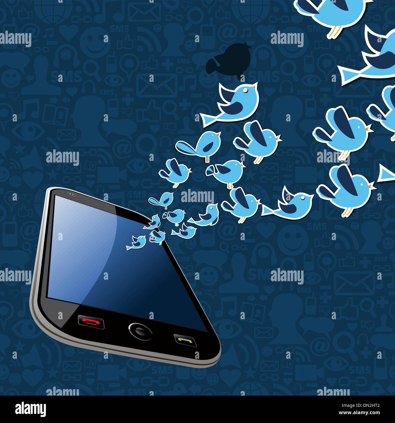 Twitter birds splash out smartphone application Stock Vector