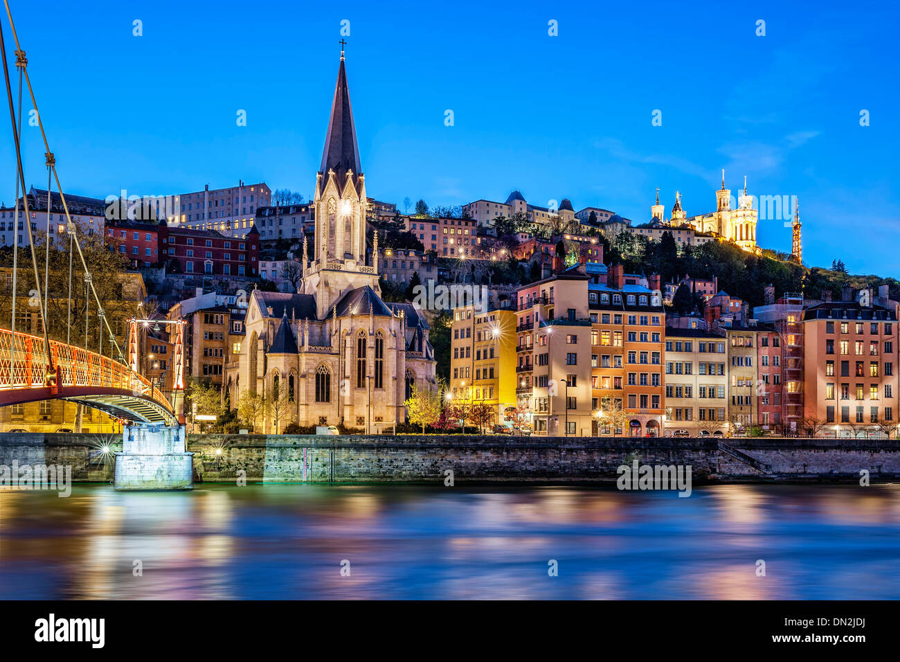 Famous view of Lyon with Saone river at night Stock Photo