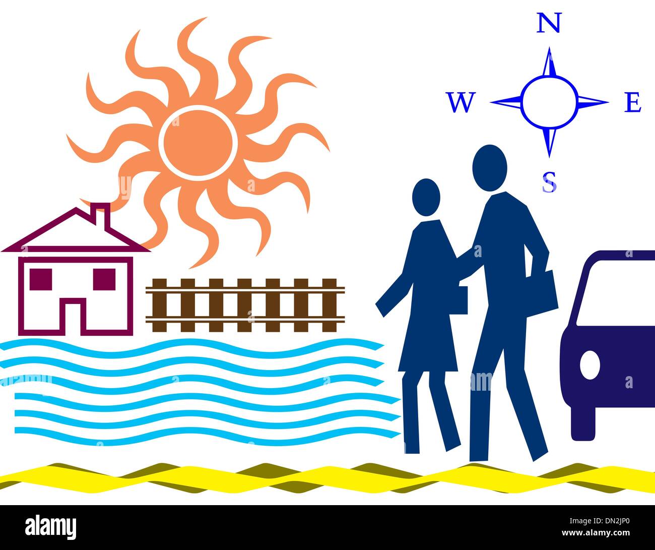 Vector house with a car and family silhouette and water Stock Vector