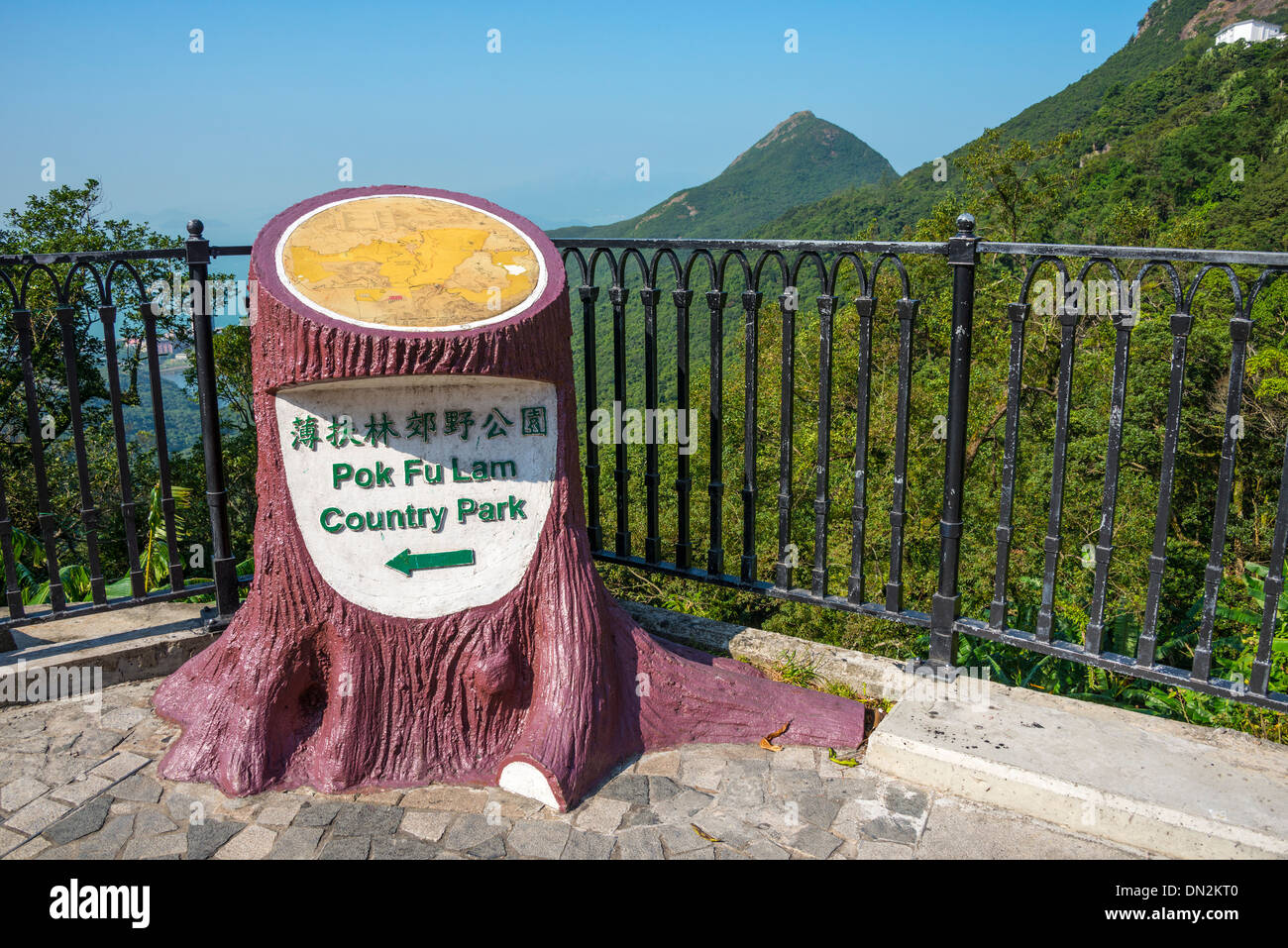 Sign and Map for Pok Fu Lam Country Park, The Peak, Hong Kong Stock Photo