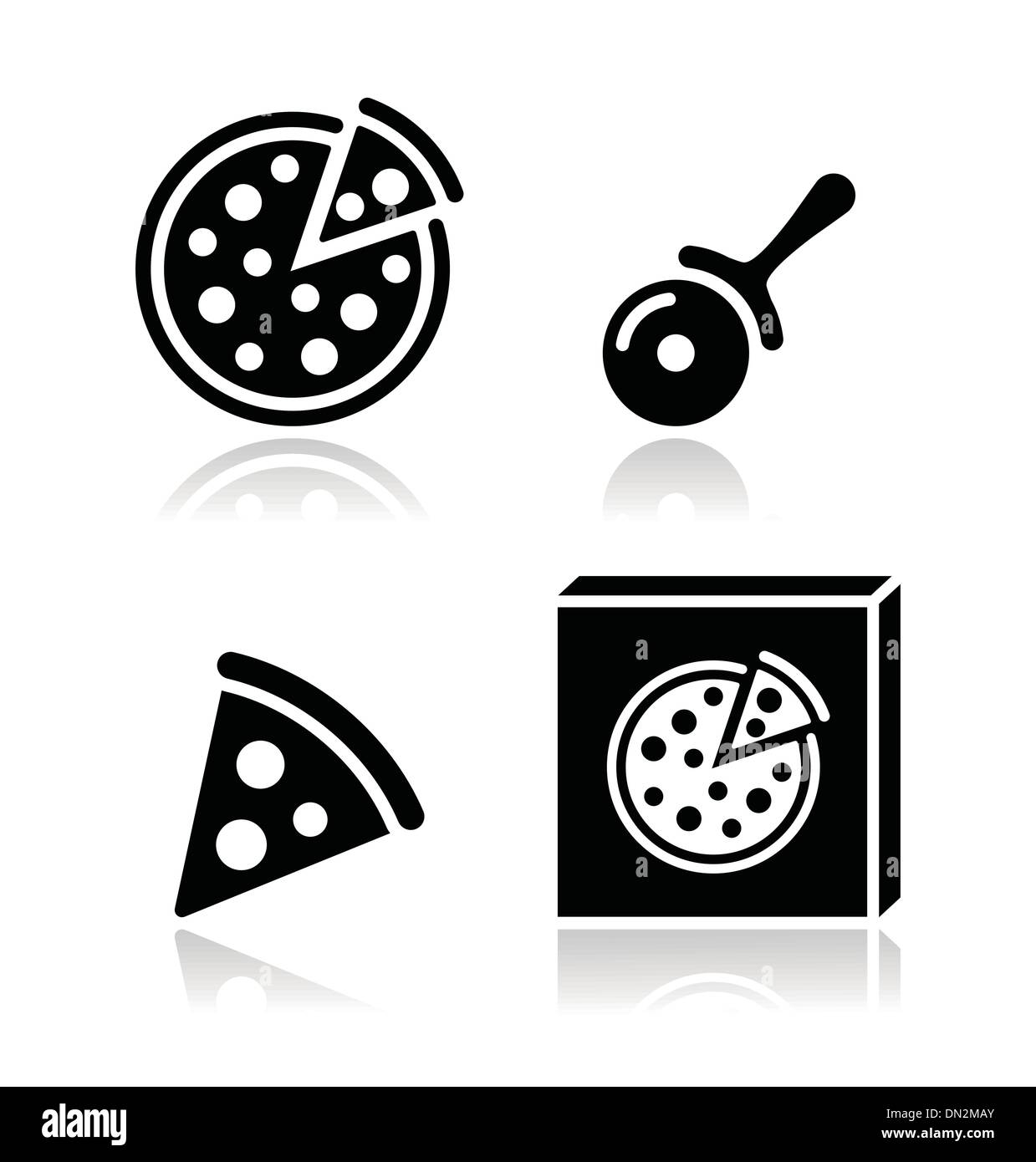 Pizza vector icons set with reflections Stock Vector