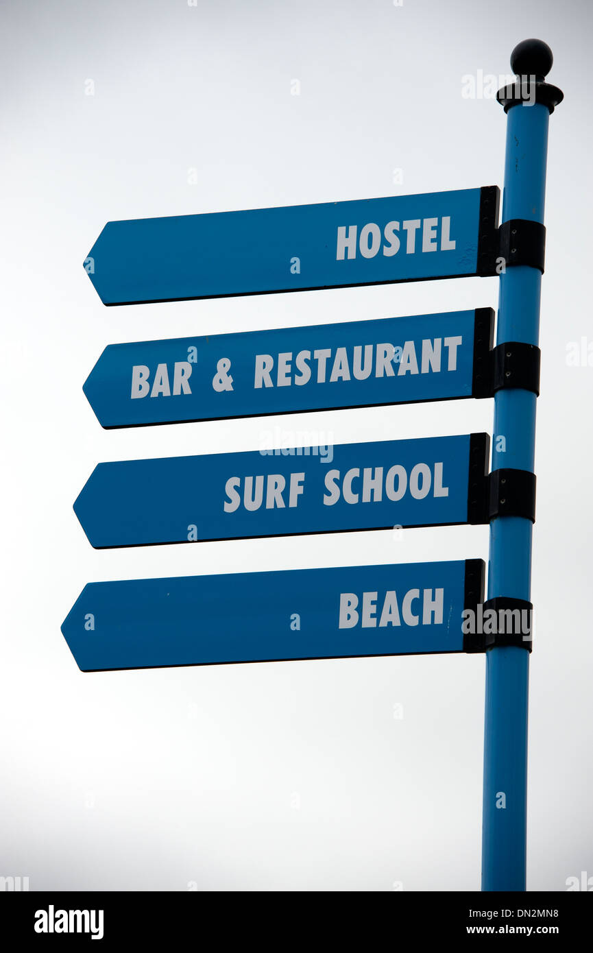 Sign Hostel Bar Restaurant Surf School Beach Stock Photo