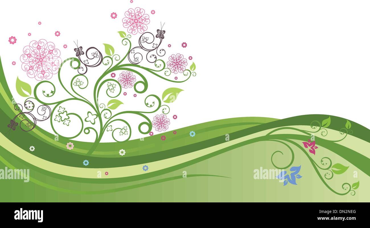 Flowering tree in a spring field background. Stock Vector
