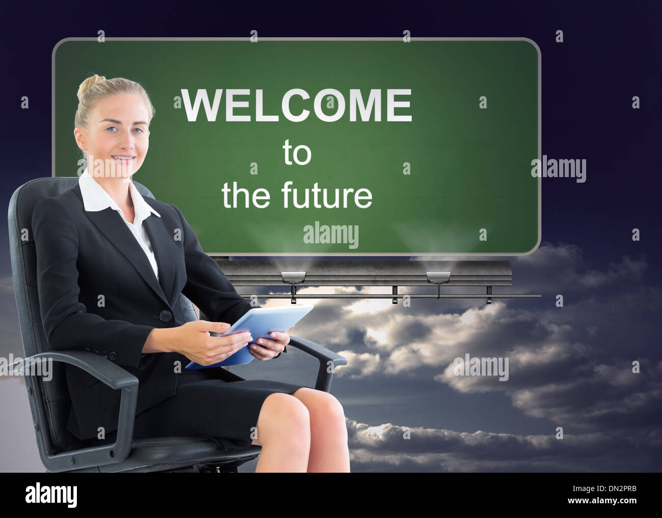 Composite image of businesswoman sitting on swivel chair with tablet Stock Photo